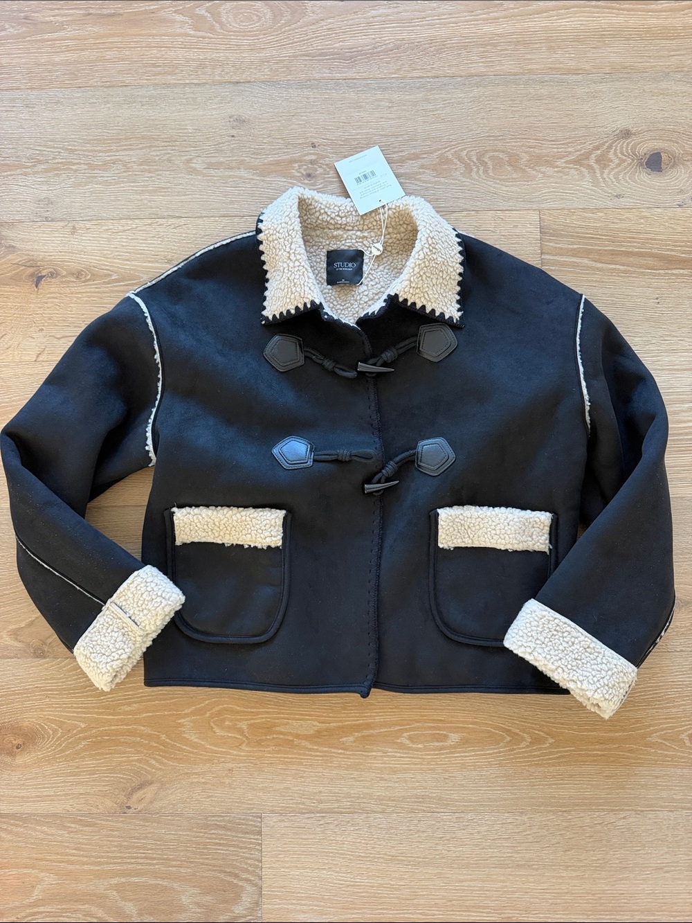 NWT Studio Black Faux Shearling Trim Toggle Jacket